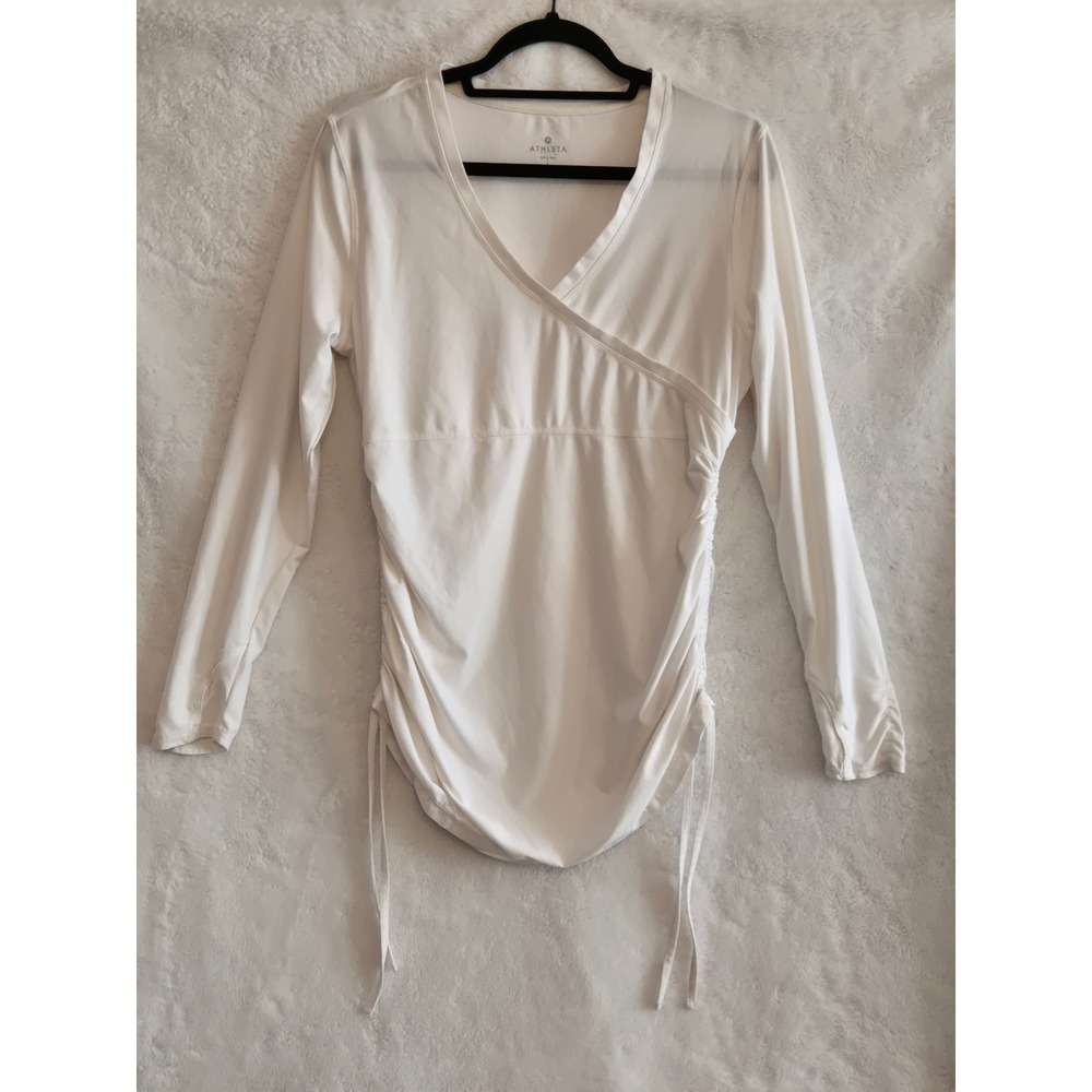 Athleta Women's Large White Long Sleeve Faux Wrap Cinch Side Top 963951